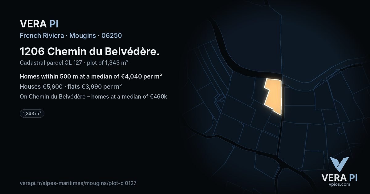 1206 Chemin du Belvédère, Mougins at night – the plot lit, the parcels around coloured by the prices near them