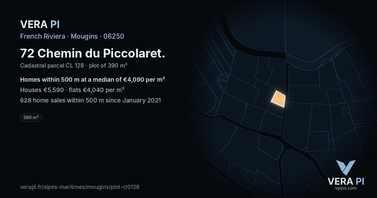 72 Chemin du Piccolaret, Mougins at night – the plot lit, the parcels around coloured by the prices near them
