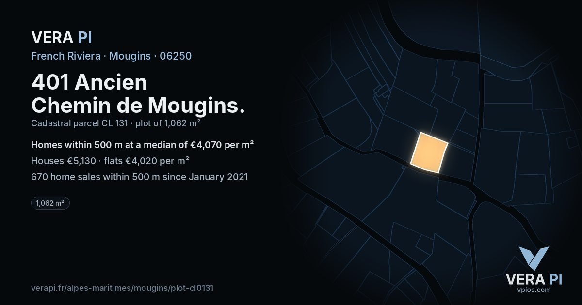 401 Ancien Chemin de Mougins, Mougins at night – the plot lit, the parcels around coloured by the prices near them