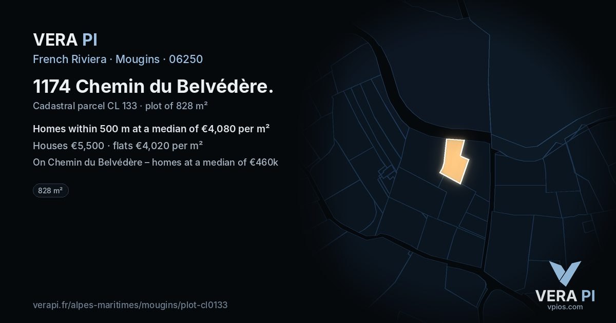 1174 Chemin du Belvédère, Mougins at night – the plot lit, the parcels around coloured by the prices near them