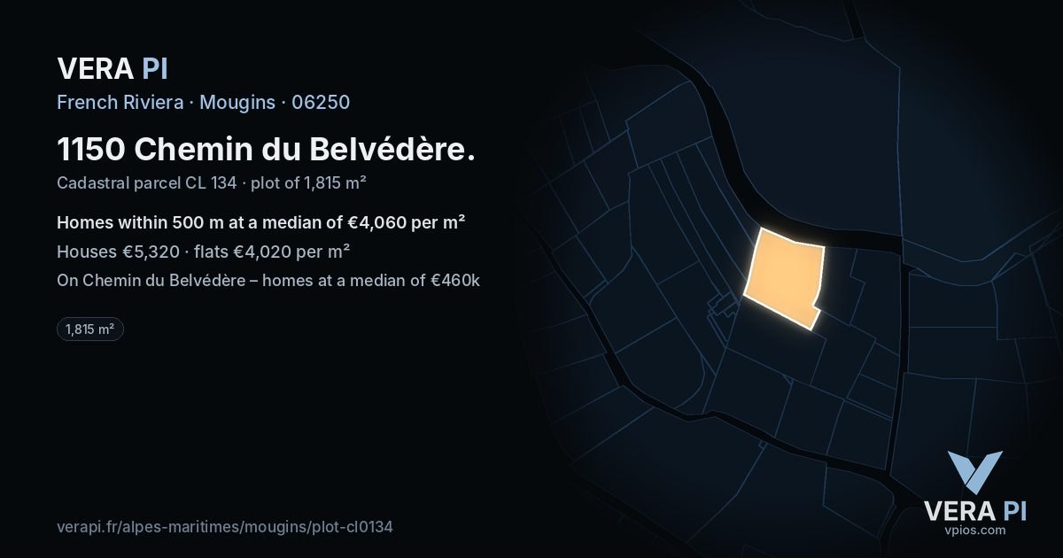 1150 Chemin du Belvédère, Mougins at night – the plot lit, the parcels around coloured by the prices near them