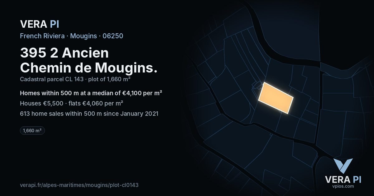 395 2 Ancien Chemin de Mougins, Mougins at night – the plot lit, the parcels around coloured by the prices near them