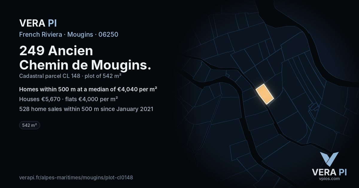 249 Ancien Chemin de Mougins, Mougins at night – the plot lit, the parcels around coloured by the prices near them