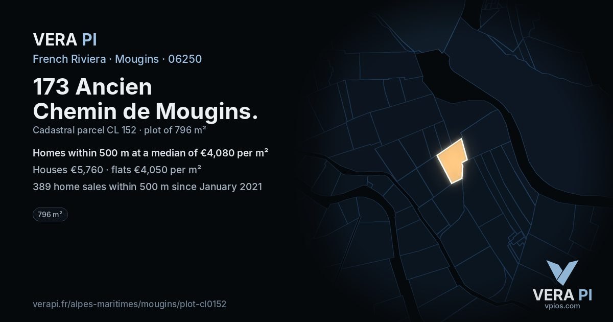 173 Ancien Chemin de Mougins, Mougins at night – the plot lit, the parcels around coloured by the prices near them