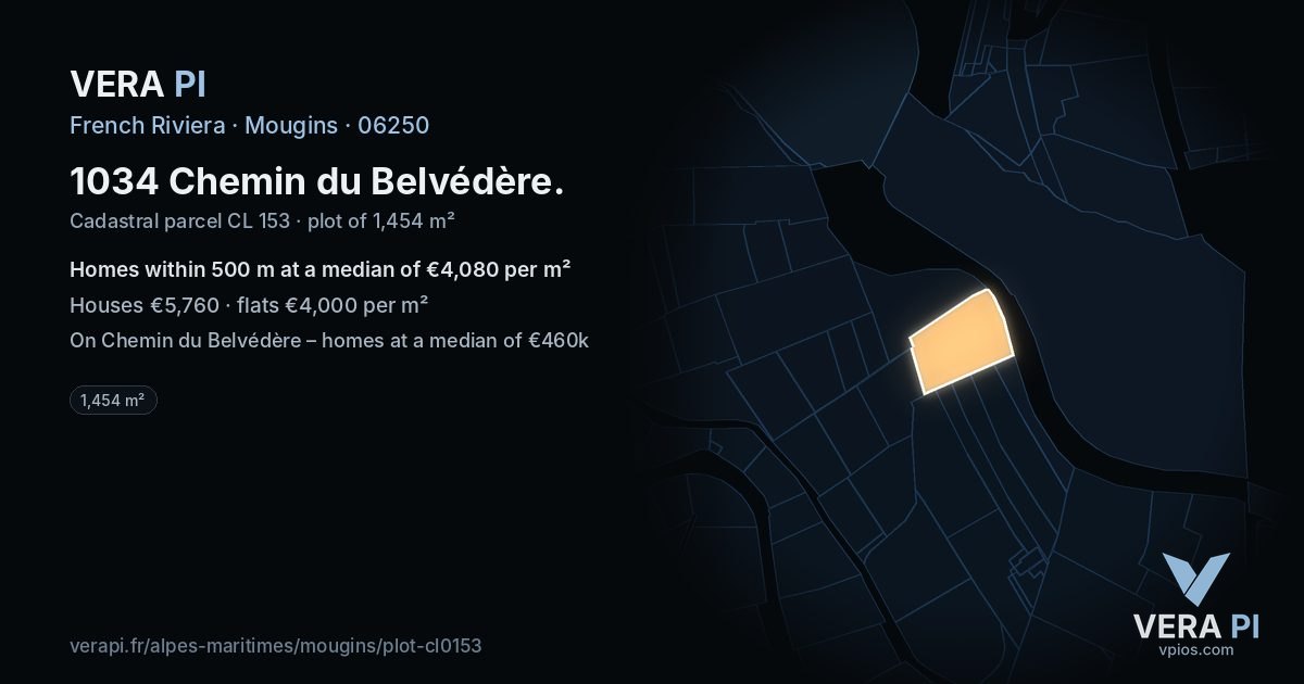 1034 Chemin du Belvédère, Mougins at night – the plot lit, the parcels around coloured by the prices near them