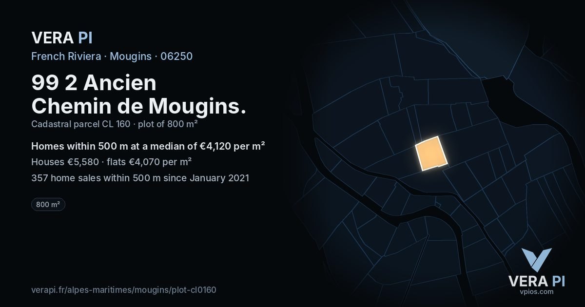 99 2 Ancien Chemin de Mougins, Mougins at night – the plot lit, the parcels around coloured by the prices near them