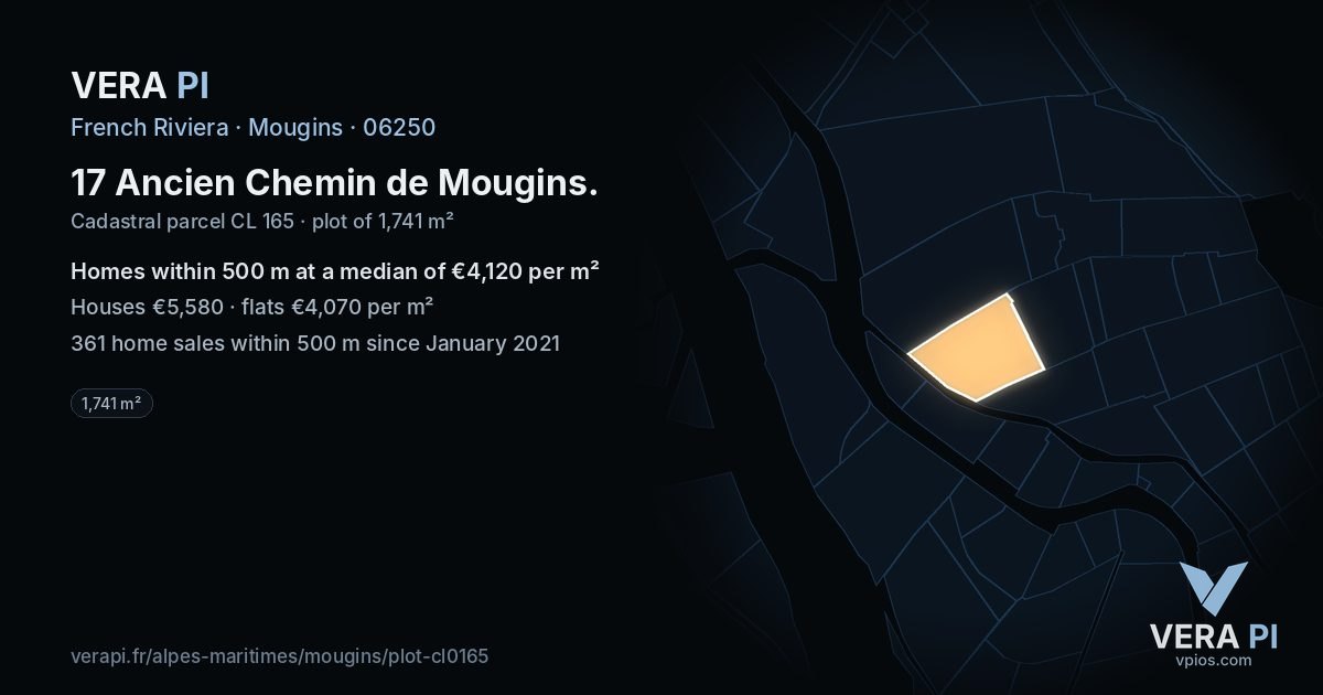 17 Ancien Chemin de Mougins, Mougins at night – the plot lit, the parcels around coloured by the prices near them