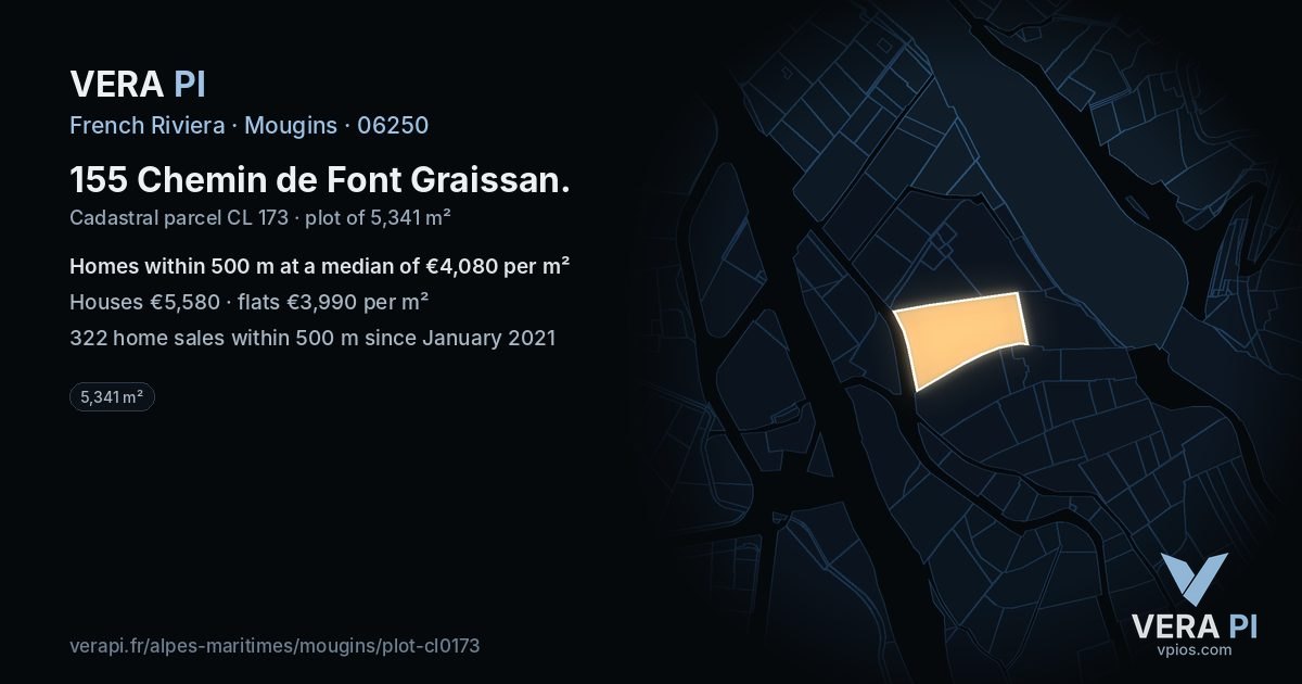 155 Chemin de Font Graissan, Mougins at night – the plot lit, the parcels around coloured by the prices near them
