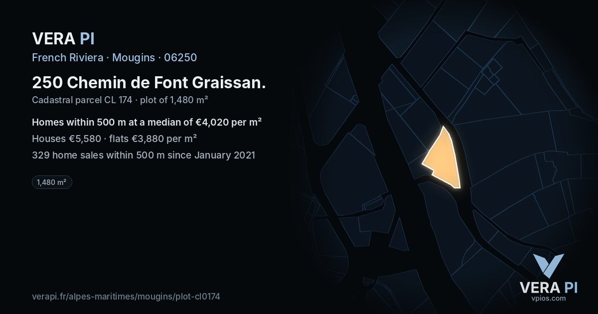 250 Chemin de Font Graissan, Mougins at night – the plot lit, the parcels around coloured by the prices near them