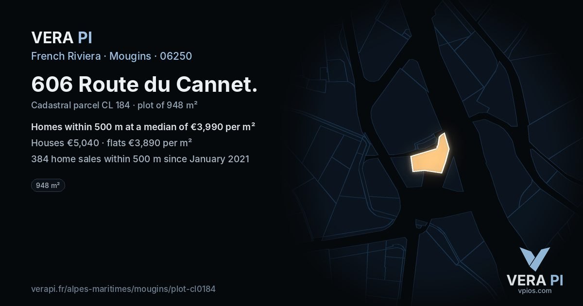 606 Route du Cannet, Mougins at night – the plot lit, the parcels around coloured by the prices near them