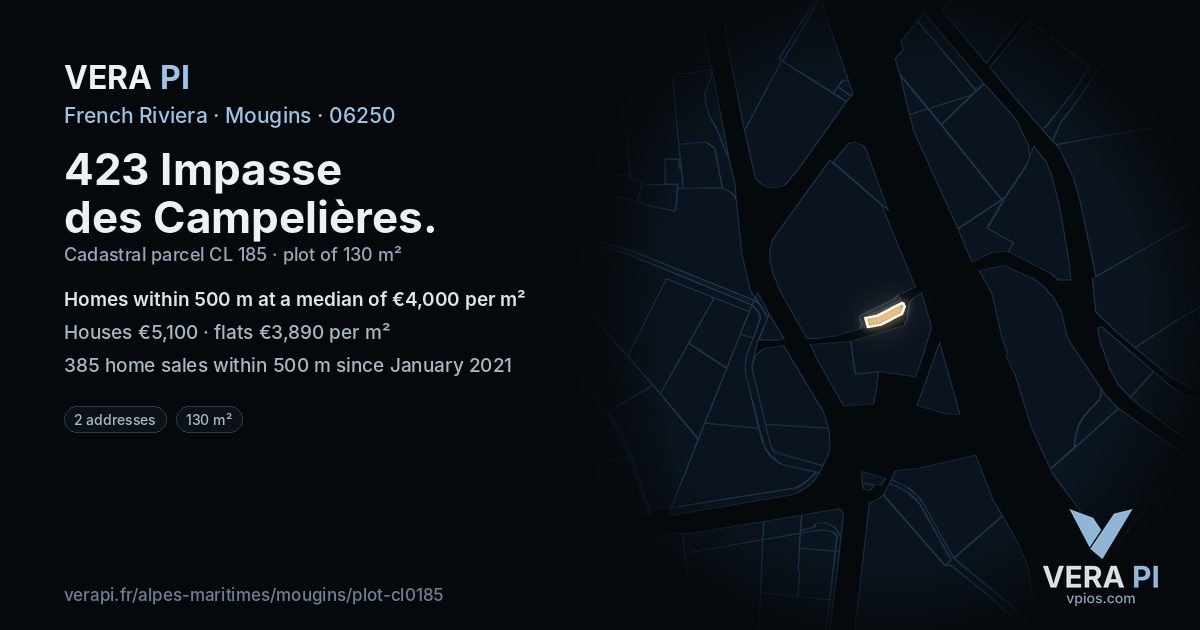 423 Impasse des Campelières, Mougins at night – the plot lit, the parcels around coloured by the prices near them