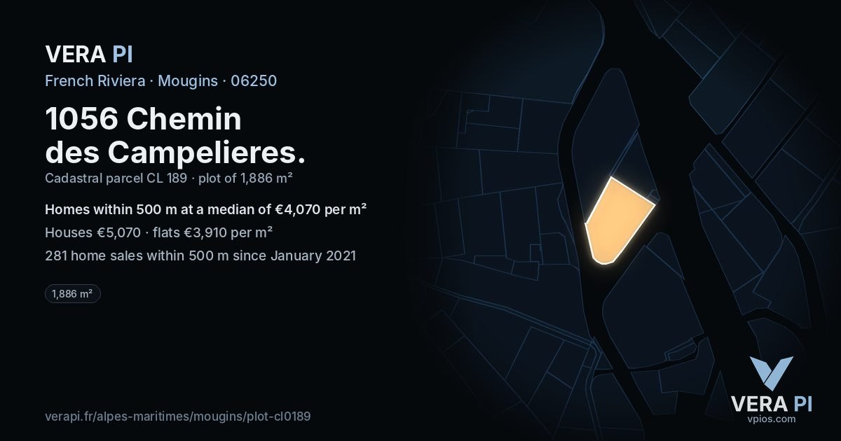 1056 Chemin des Campelieres, Mougins at night – the plot lit, the parcels around coloured by the prices near them