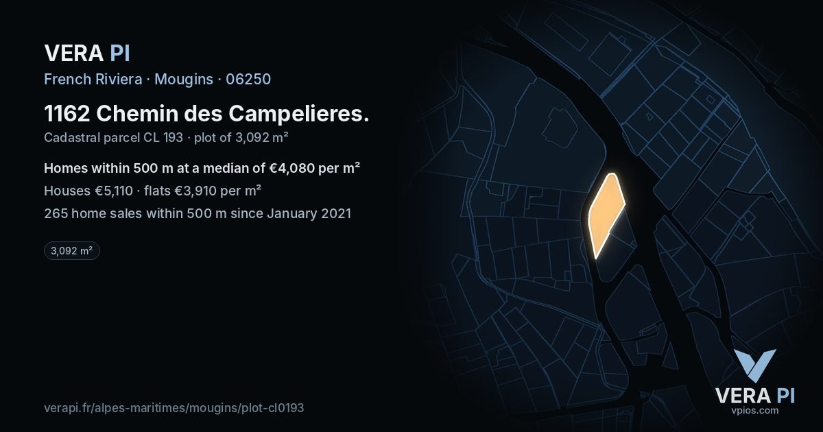 1162 Chemin des Campelieres, Mougins at night – the plot lit, the parcels around coloured by the prices near them
