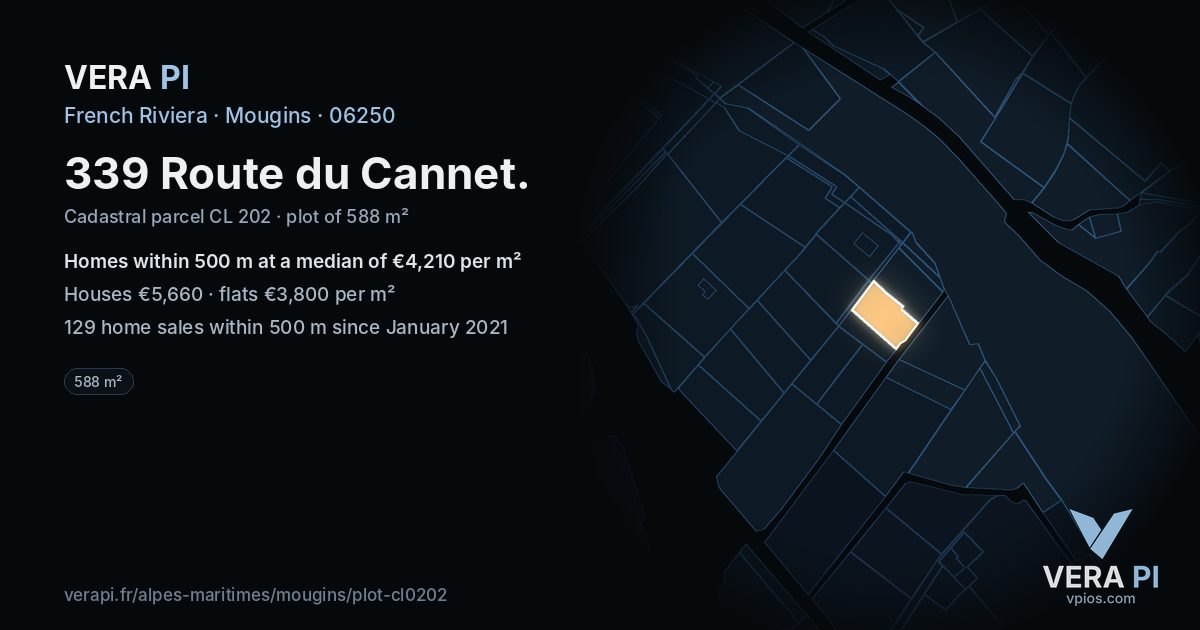 339 Route du Cannet, Mougins at night – the plot lit, the parcels around coloured by the prices near them
