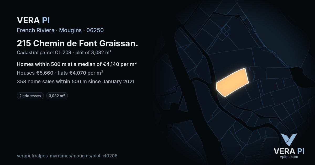 215 Chemin de Font Graissan, Mougins at night – the plot lit, the parcels around coloured by the prices near them