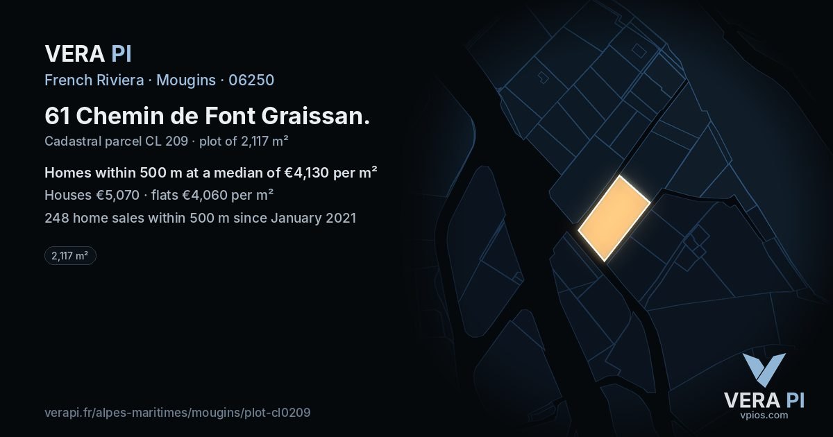 61 Chemin de Font Graissan, Mougins at night – the plot lit, the parcels around coloured by the prices near them