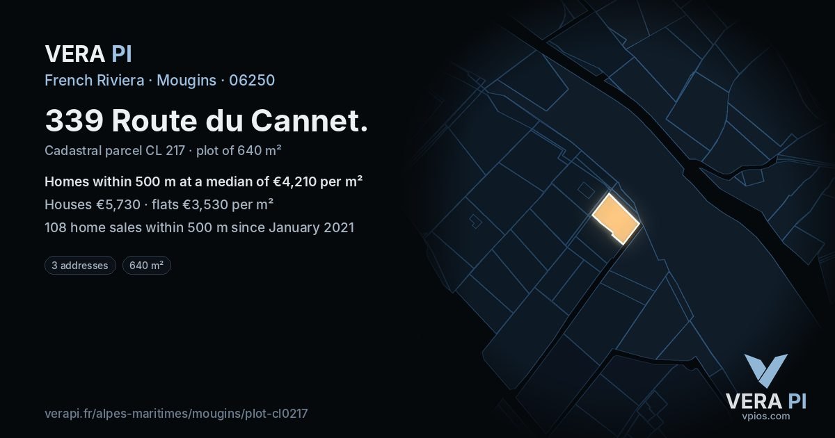339 Route du Cannet, Mougins at night – the plot lit, the parcels around coloured by the prices near them
