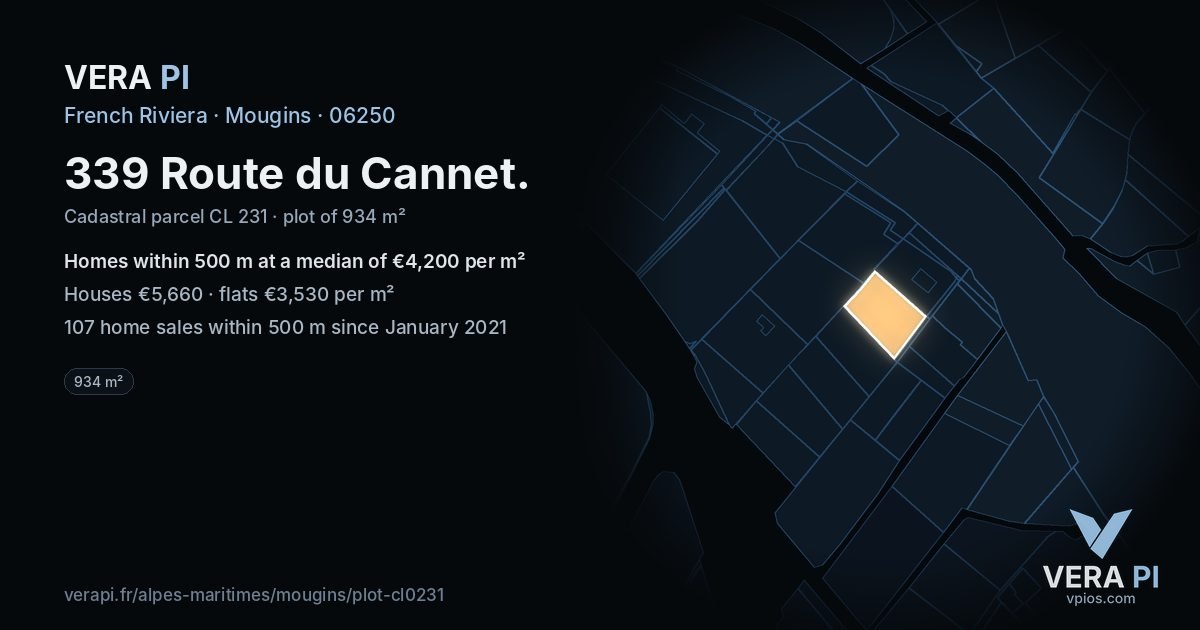 339 Route du Cannet, Mougins at night – the plot lit, the parcels around coloured by the prices near them