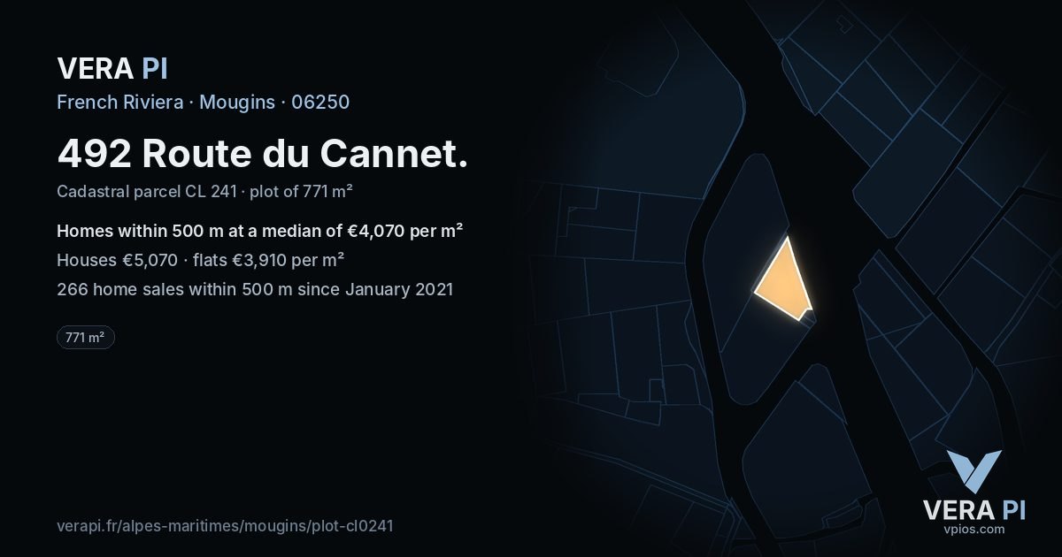 492 Route du Cannet, Mougins at night – the plot lit, the parcels around coloured by the prices near them