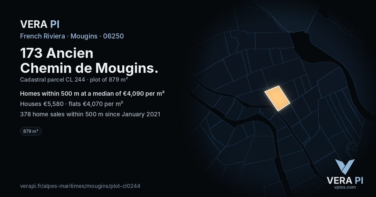 173 Ancien Chemin de Mougins, Mougins at night – the plot lit, the parcels around coloured by the prices near them