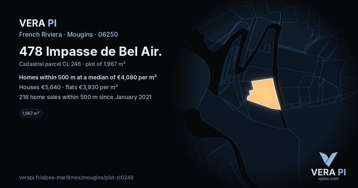 478 Impasse de Bel Air, Mougins at night – the plot lit, the parcels around coloured by the prices near them