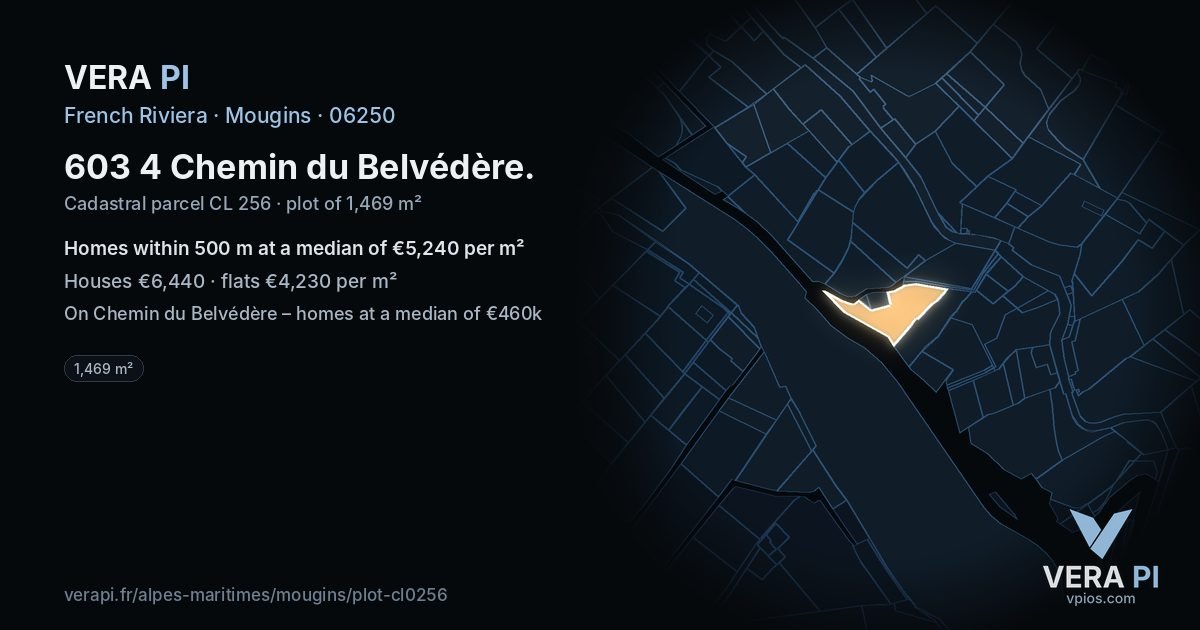 603 4 Chemin du Belvédère, Mougins at night – the plot lit, the parcels around coloured by the prices near them