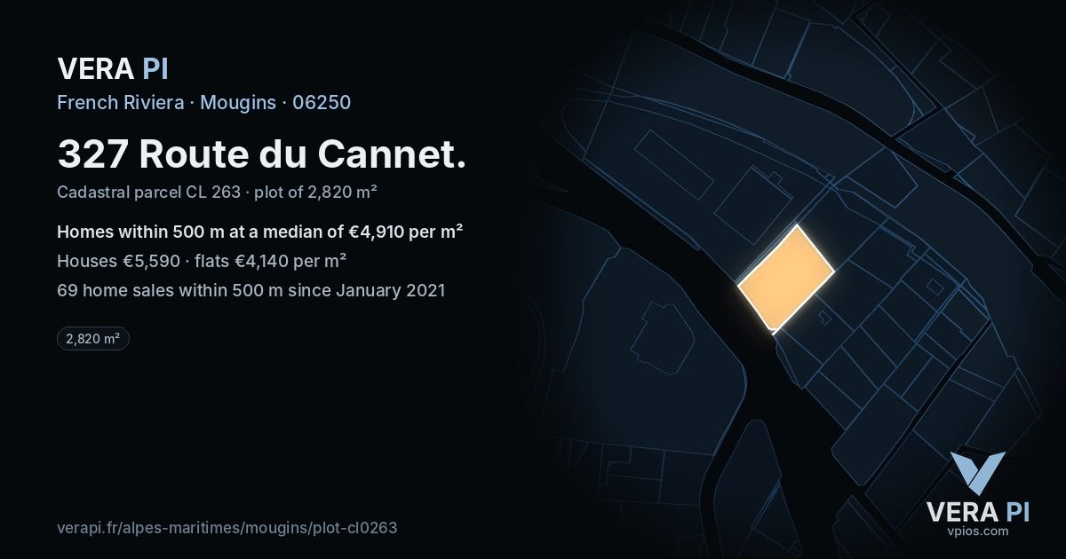 327 Route du Cannet, Mougins at night – the plot lit, the parcels around coloured by the prices near them