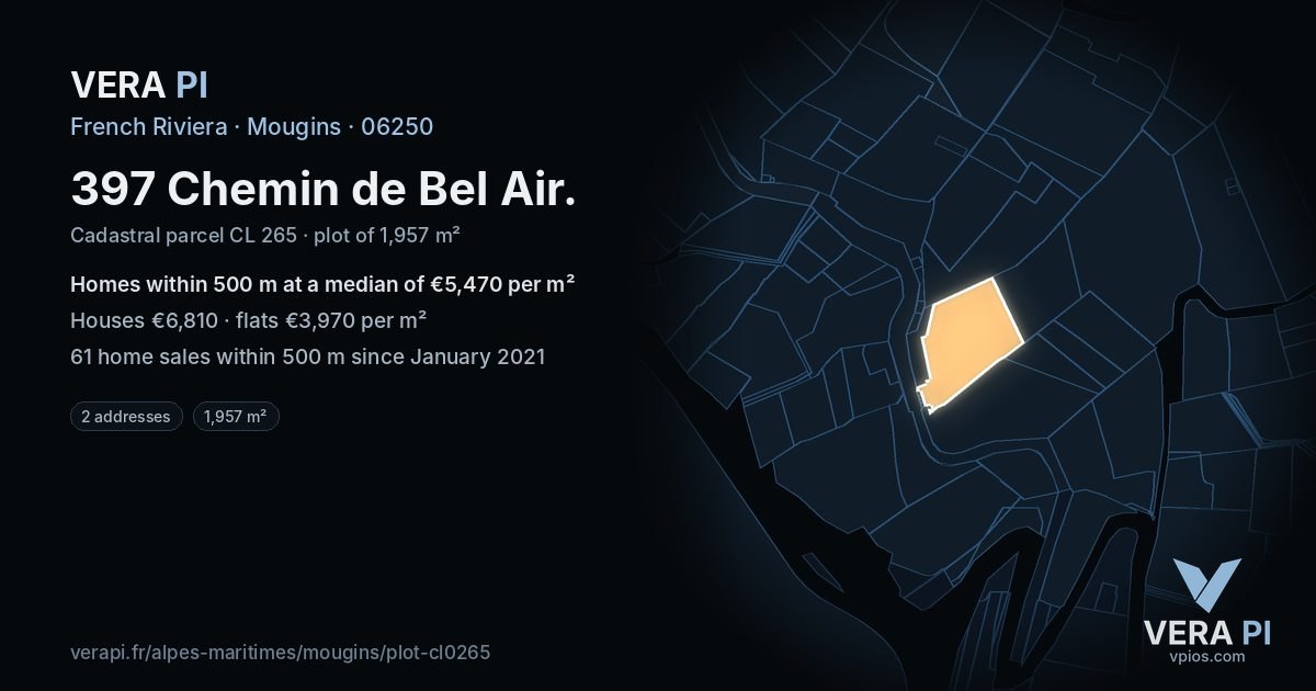 397 Chemin de Bel Air, Mougins at night – the plot lit, the parcels around coloured by the prices near them