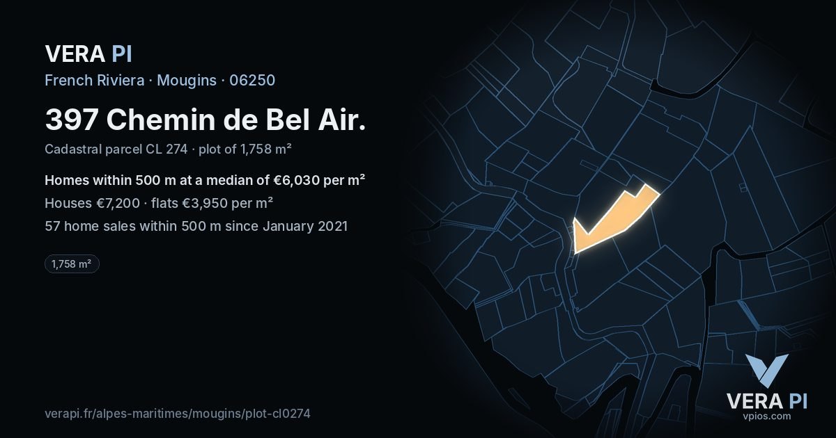 397 Chemin de Bel Air, Mougins at night – the plot lit, the parcels around coloured by the prices near them