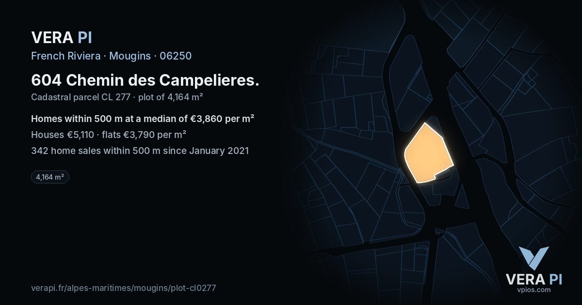 604 Chemin des Campelieres, Mougins at night – the plot lit, the parcels around coloured by the prices near them