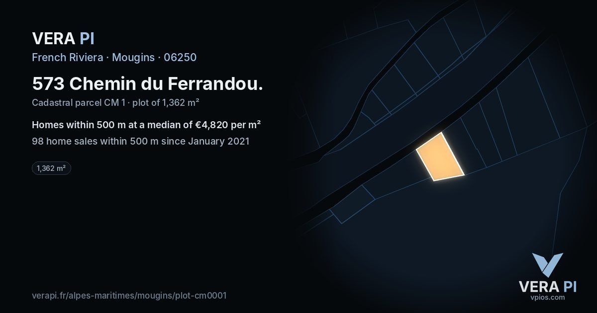 573 Chemin du Ferrandou, Mougins at night – the plot lit, the parcels around coloured by the prices near them