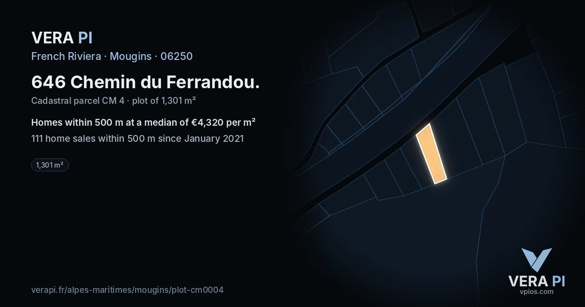 646 Chemin du Ferrandou, Mougins at night – the plot lit, the parcels around coloured by the prices near them