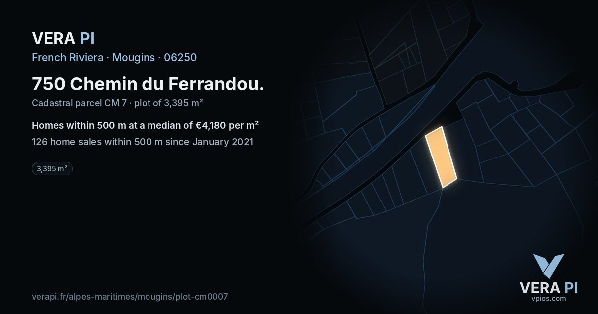 750 Chemin du Ferrandou, Mougins at night – the plot lit, the parcels around coloured by the prices near them