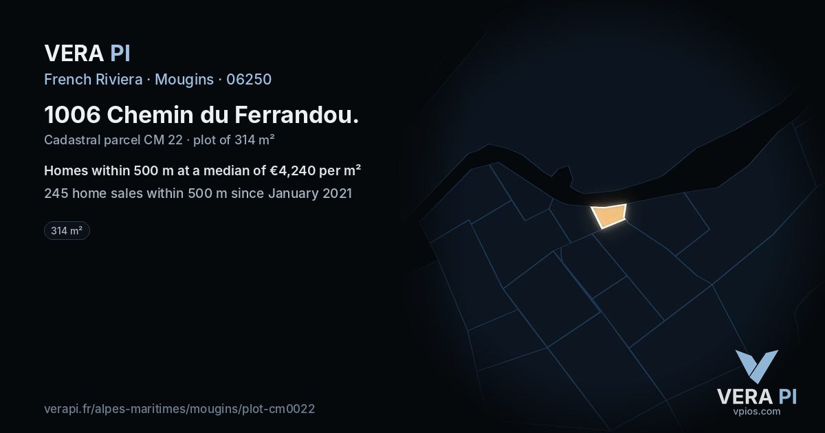 1006 Chemin du Ferrandou, Mougins at night – the plot lit, the parcels around coloured by the prices near them