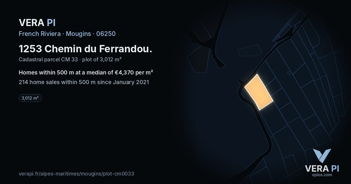 1253 Chemin du Ferrandou, Mougins at night – the plot lit, the parcels around coloured by the prices near them