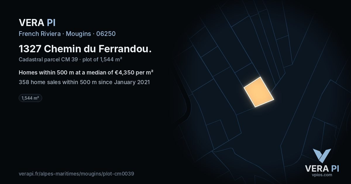 1327 Chemin du Ferrandou, Mougins at night – the plot lit, the parcels around coloured by the prices near them