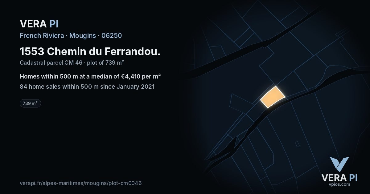1553 Chemin du Ferrandou, Mougins at night – the plot lit, the parcels around coloured by the prices near them