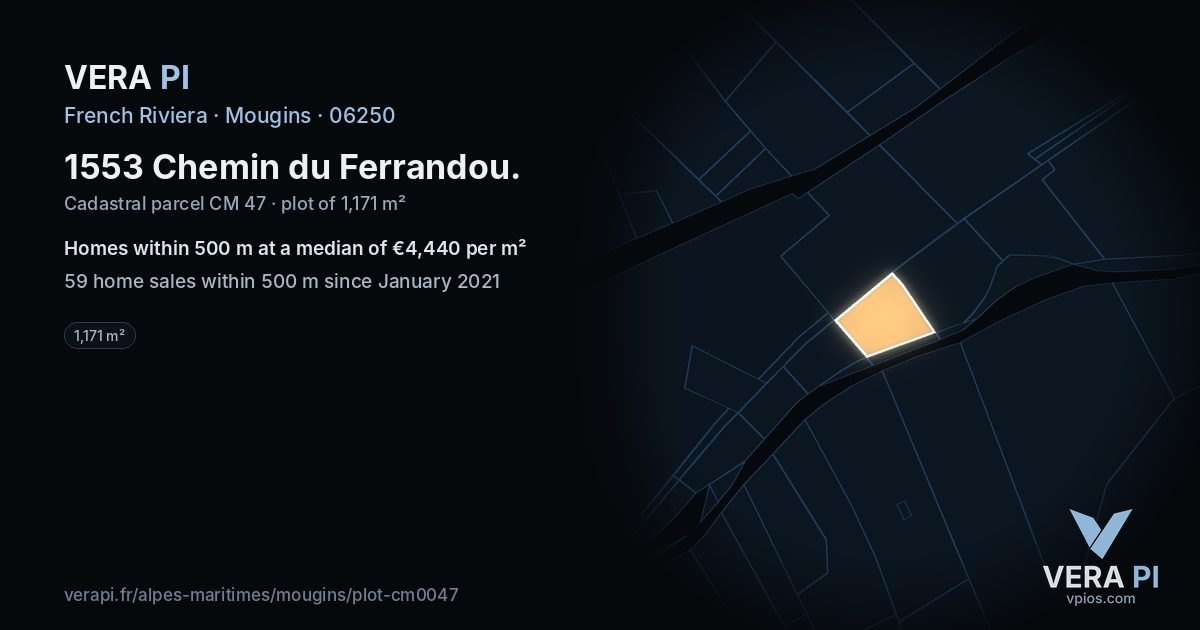 1553 Chemin du Ferrandou, Mougins at night – the plot lit, the parcels around coloured by the prices near them