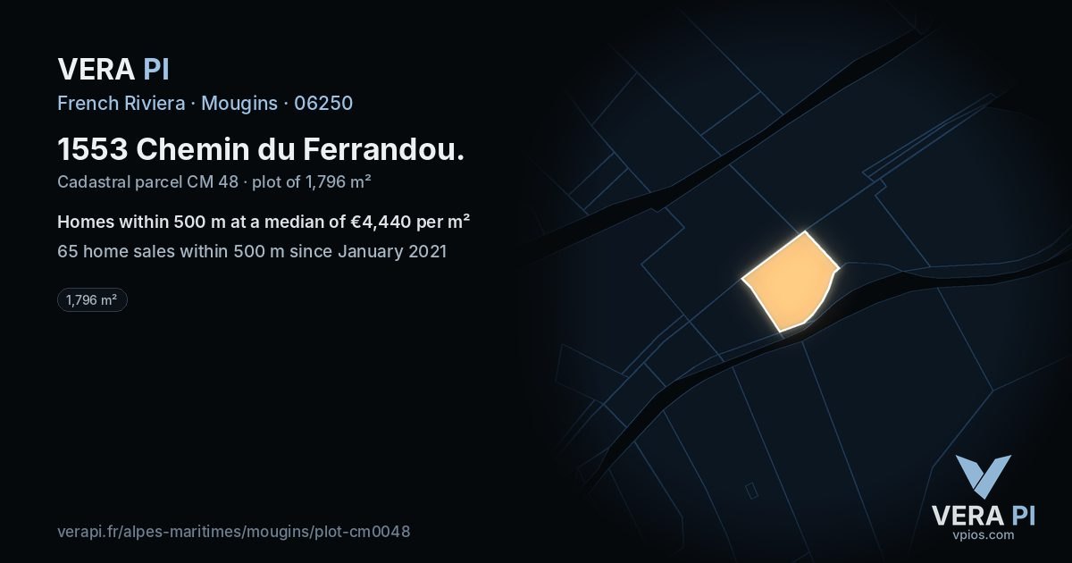 1553 Chemin du Ferrandou, Mougins at night – the plot lit, the parcels around coloured by the prices near them