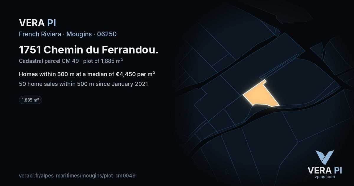 1751 Chemin du Ferrandou, Mougins at night – the plot lit, the parcels around coloured by the prices near them