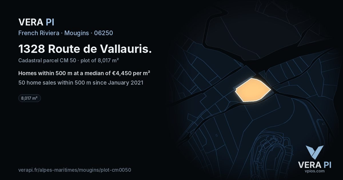 1328 Route de Vallauris, Mougins at night – the plot lit, the parcels around coloured by the prices near them