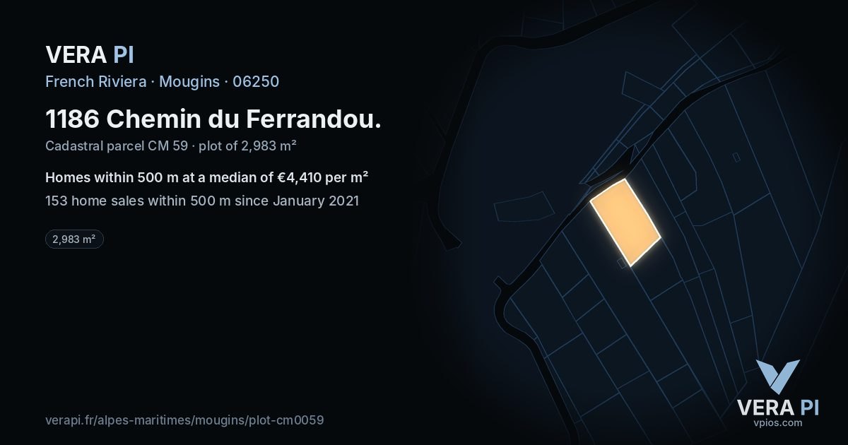 1186 Chemin du Ferrandou, Mougins at night – the plot lit, the parcels around coloured by the prices near them