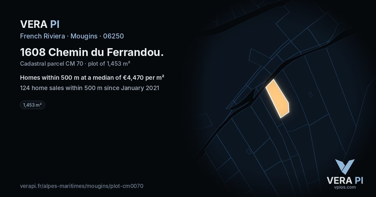 1608 Chemin du Ferrandou, Mougins at night – the plot lit, the parcels around coloured by the prices near them