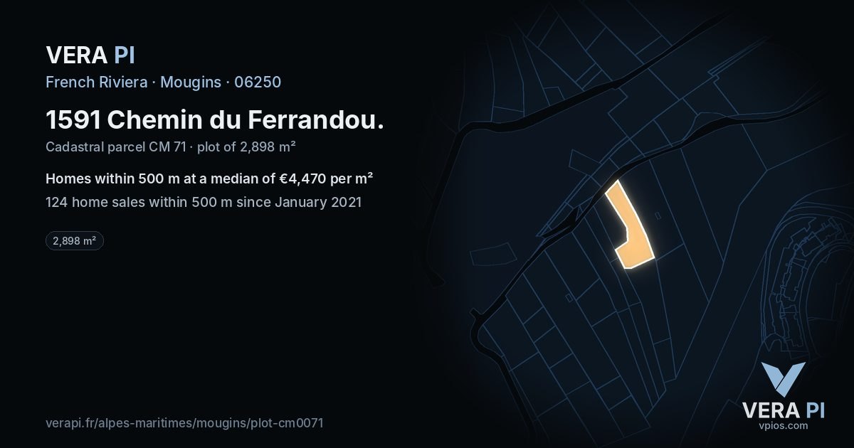 1591 Chemin du Ferrandou, Mougins at night – the plot lit, the parcels around coloured by the prices near them