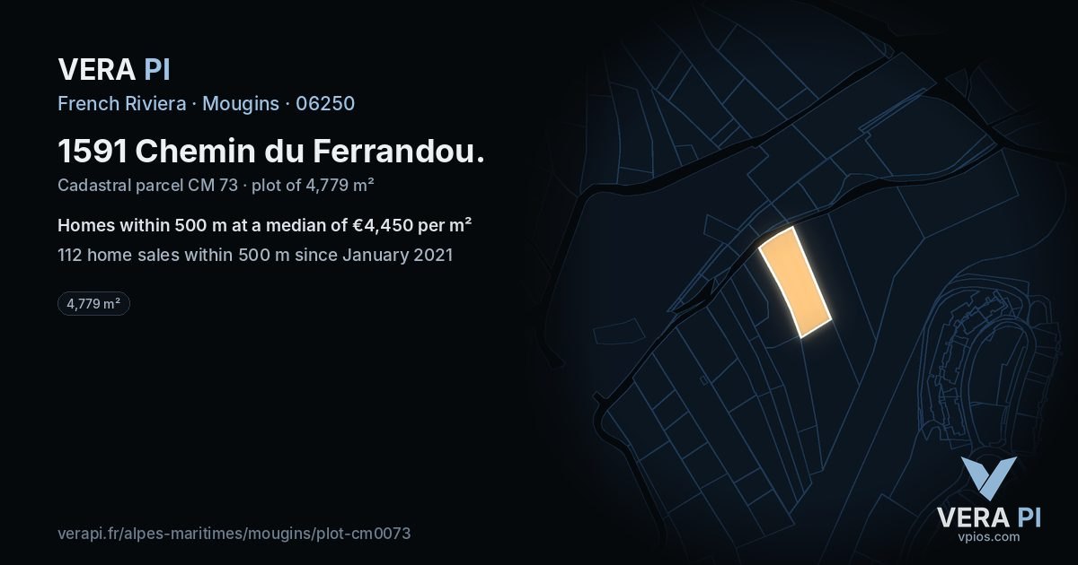 1591 Chemin du Ferrandou, Mougins at night – the plot lit, the parcels around coloured by the prices near them