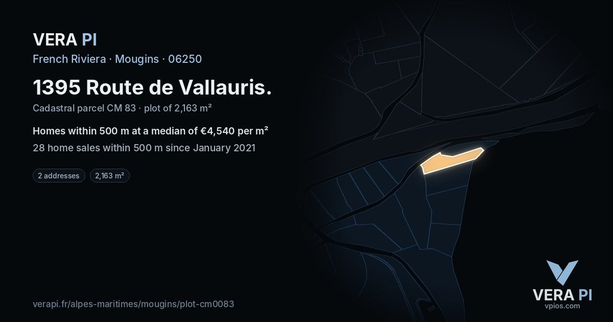 1395 Route de Vallauris, Mougins at night – the plot lit, the parcels around coloured by the prices near them