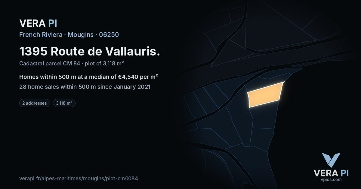 1395 Route de Vallauris, Mougins at night – the plot lit, the parcels around coloured by the prices near them