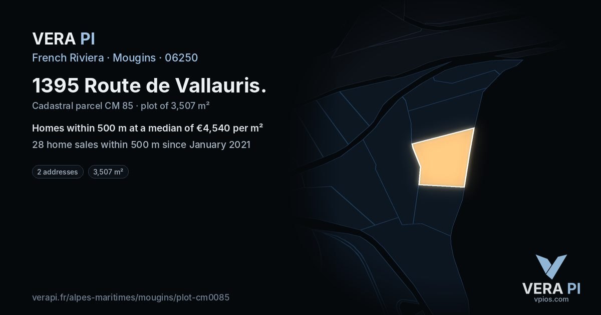 1395 Route de Vallauris, Mougins at night – the plot lit, the parcels around coloured by the prices near them