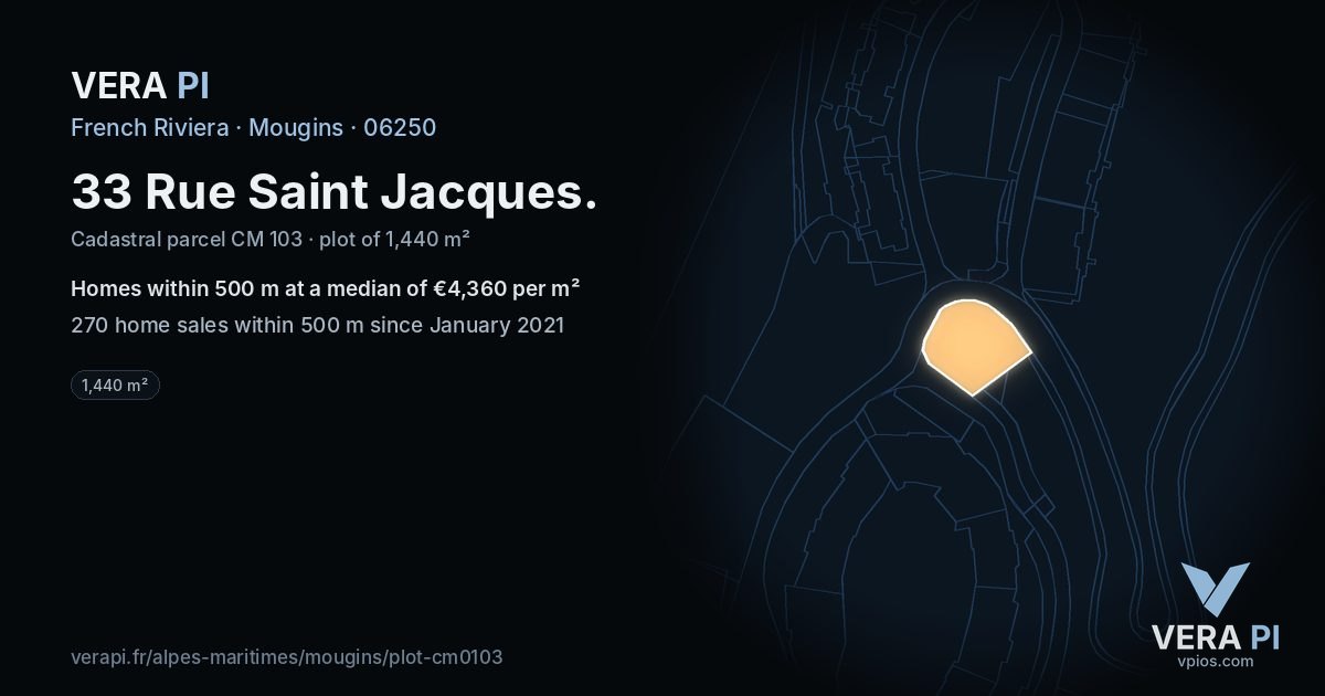 33 Rue Saint Jacques, Mougins at night – the plot lit, the parcels around coloured by the prices near them