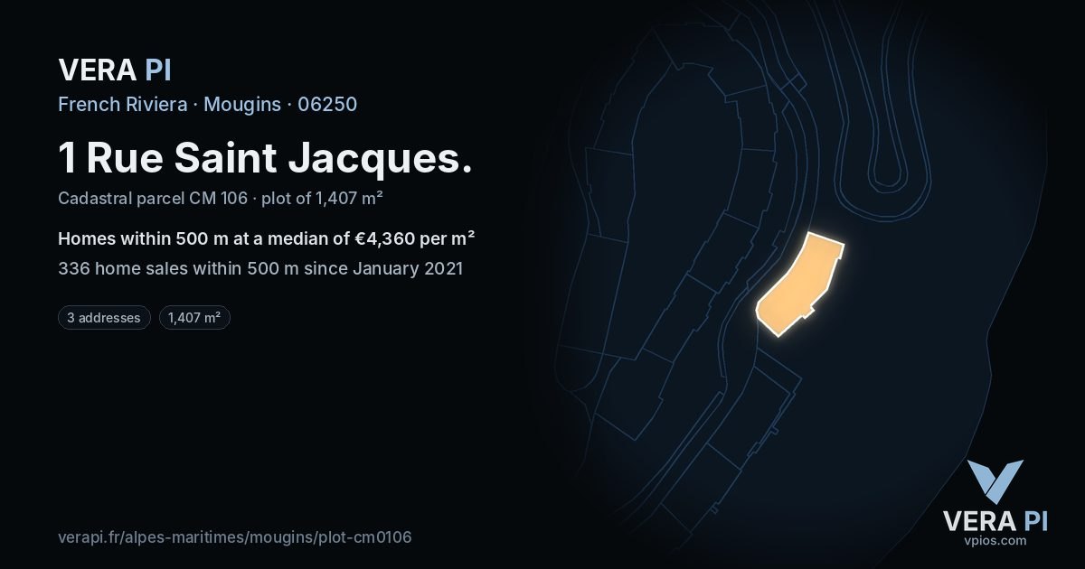 1 Rue Saint Jacques, Mougins at night – the plot lit, the parcels around coloured by the prices near them